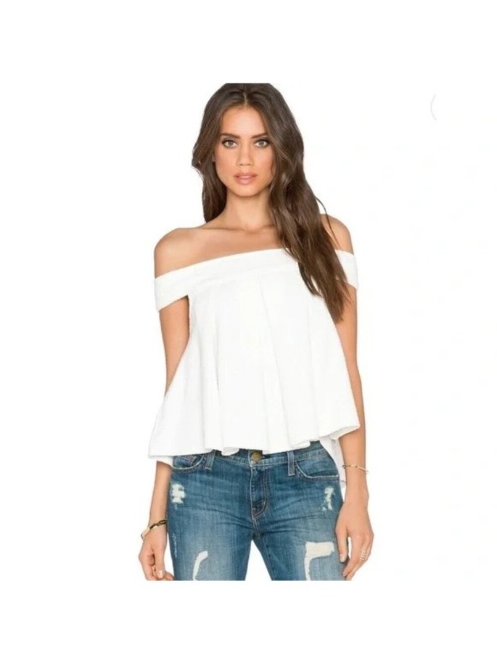 Free People Priscilla Off-Shoulder Ivory Pleated Swing Top, S
